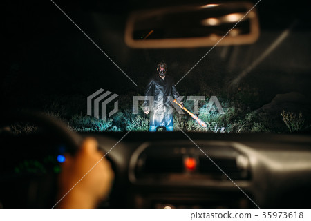 Serial maniac standing in the way of victim on car Serial maniac standing in the way of victim on car 35973618