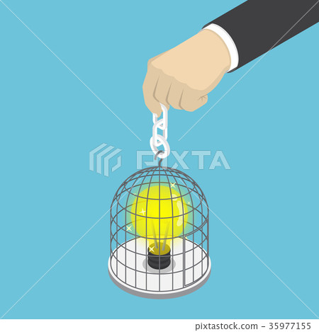 Businessman hand holding birdcage with light bulb. Businessman hand holding birdcage with light bulb. 35977155