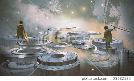 two boys repairing the big cogwheels 35982183