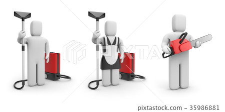 Workers with vacuum cleaner and chainsaw Workers with vacuum cleaner and chainsaw 35986881