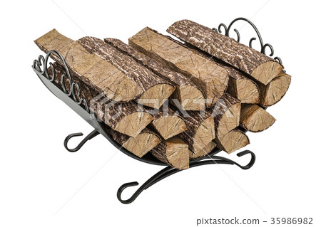 Firewood stack in cast iron grate, 3D rendering Firewood stack in cast iron grate, 3D rendering 35986982