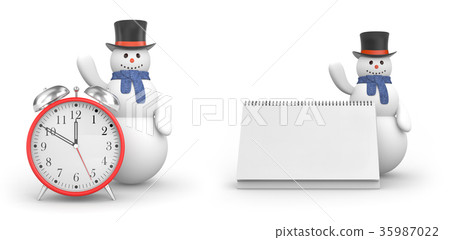Snowman with alarm clock and snowman with calendar 35987022
