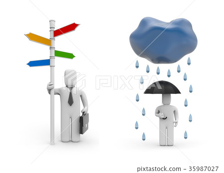 Person with signpost and person with umbrella 35987027