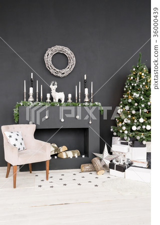 Christmas postcard template. Chimney place with 36000439