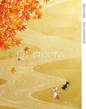Japanese style background material (flow of river, autumn leaves, goldfish) 36003260