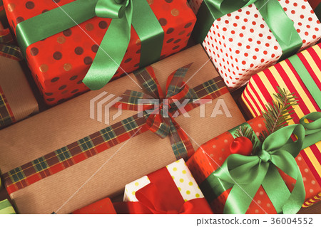 Lots of Gift boxes on wood, christmas presents in 36004552