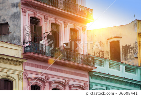 Cuba. Havana. Bright old balconies in the old city Cuba. Havana. Bright old balconies in the old city 36008441