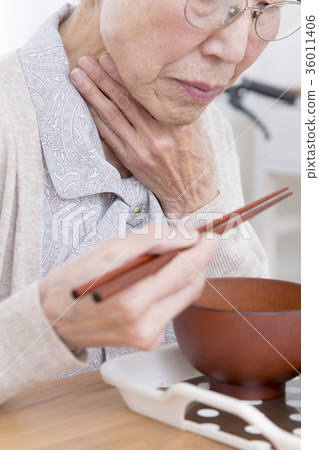 Aged dysphagia image swallowing hard hand Close-up 36011406