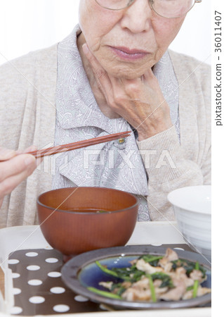 Aged dysphagia image swallowing hard hand Close-up 36011407