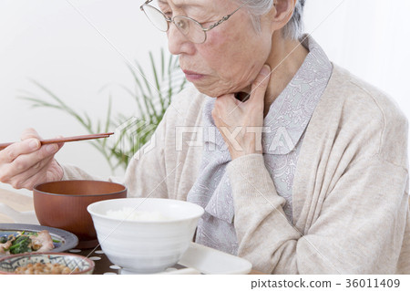 Aged dysphagia image swallowing hard hand Close-up 36011409