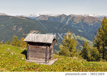 Wooden shepherd toilet Alpine landscape in Austria Wooden shepherd toilet Alpine landscape in Austria 36011869