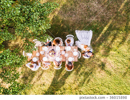 Wedding Reception Outside In The Backyard Stock Photo 36015898