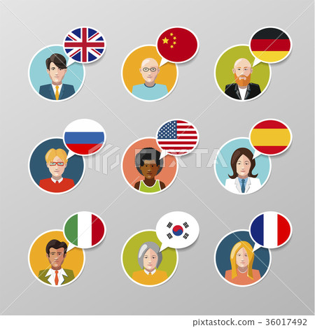 Nine user avatars with language speech bubbles Nine user avatars with language speech bubbles 36017492