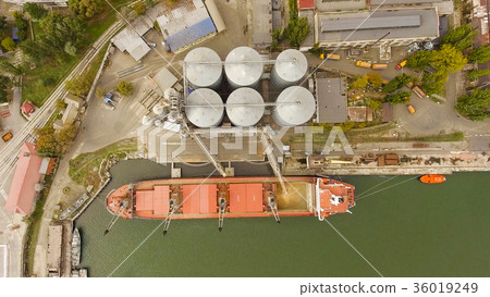 Aerial view of big grain elevators on the sea Aerial view of big grain elevators on the sea 36019249