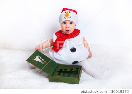 happy baby in snowman costume with christmas happy baby in snowman costume with christmas 36019273