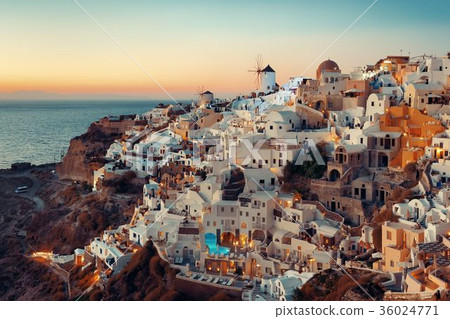 Santorini skyline sunset windmill 36024771