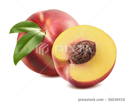 Whole peach and half cut isolated on white  36036458