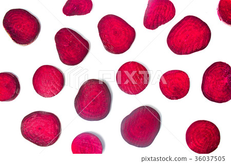 Raw beet slices isolated on white background Raw beet slices isolated on white background 36037505