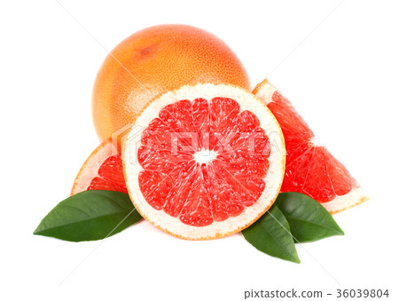 Grapefruit with half slice and leaves isolated Grapefruit with half slice and leaves isolated 36039804