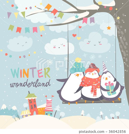 Happy penguins swinging in winter park 36042856