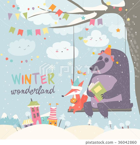 Funny bear and fox swinging in winter park 36042860
