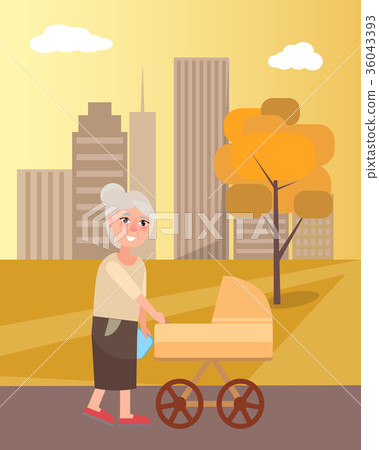 Grandmother Walking with Newborn Toddler in Pram 36043393