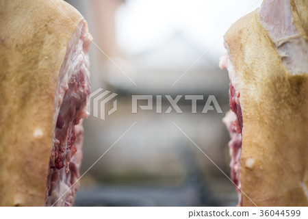 Carcass of a pig is split in half, place for text 36044599