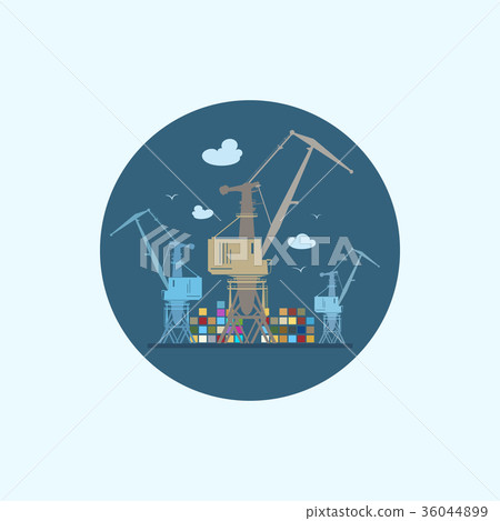 Icon with colored cargo cranes and containers - Stock Illustration ...