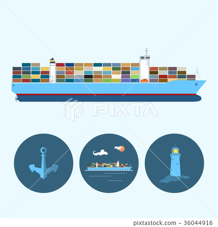 Set with anchor, lighthouse and container ship Set with anchor, lighthouse and container ship 36044916