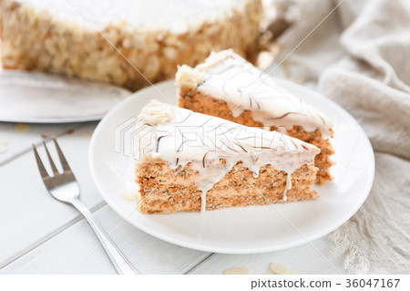 Esterhazy cake sliced on white plate close-up 36047167