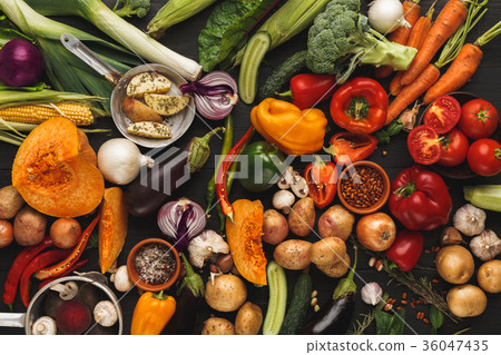 Heap of fresh vegetables on wooden background with Heap of fresh vegetables on wooden background with 36047435