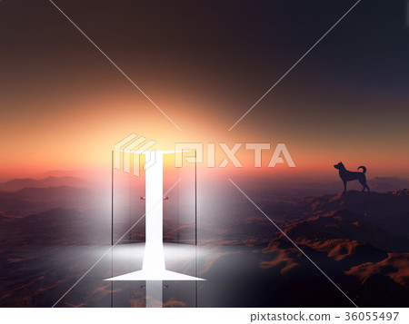 Silhouette of a dog with a door and sunrise and light coming in 36055497