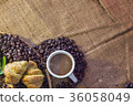 Coffee cup and Croissant on beans and sack 36058049