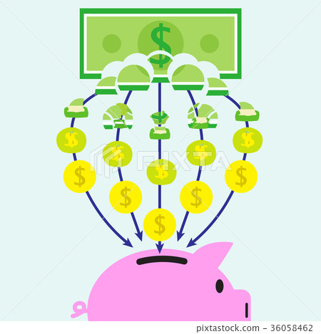 Banknote Transform Into Coins Get In Piggy Bank Banknote Transform Into Coins Get In Piggy Bank 36058462