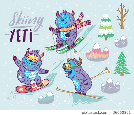 Set of cute yeti skiing in the mountain. Vector 36060891
