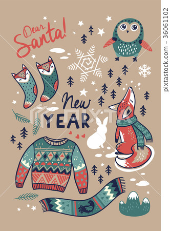 Set with cute winter elements in cartoon style 36061102