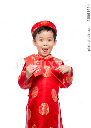 Little Vietnamese boy holding red envelops for Tet Little Vietnamese boy holding red envelops for Tet 36061634