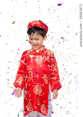 Happy Vietnamese boy in red Ao Dai celebrating  36061671