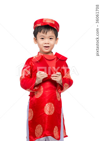 Little Vietnamese boy holding red envelops for Tet 36061708