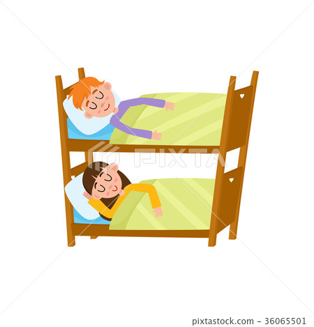vecotr flat cartoon girl and boy sleeping in beds vecotr flat cartoon girl and boy sleeping in beds 36065501