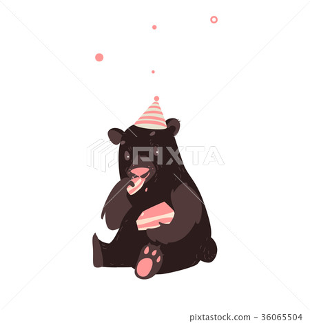 Bear in party hat sitting and eating birthday cake Bear in party hat sitting and eating birthday cake 36065504