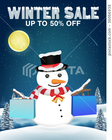 winter sale snowman shopping with paper bag 36066938