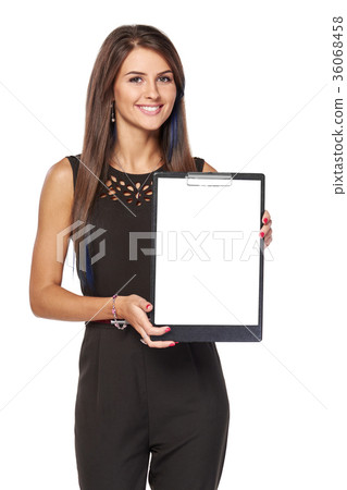 Business woman with blank clipboard with copyspace Business woman with blank clipboard with copyspace 36068458