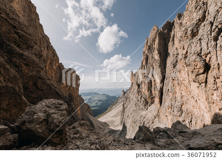 Rocky mountainscape at Sella Pass, Dolomites, Italy Rocky mountainscape at Sella Pass, Dolomites, Italy 36071952