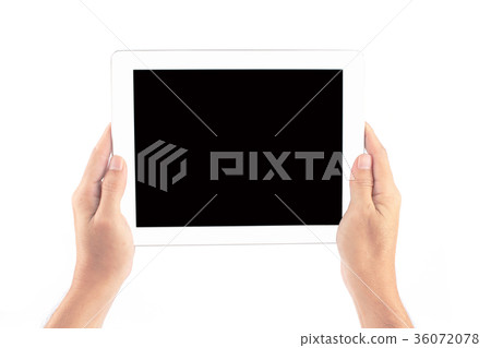 man hands holding a white tablet touch screen man hands holding a white tablet touch screen 36072078