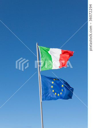Flags of Italy and Europe waving in the wind Flags of Italy and Europe waving in the wind 36072294