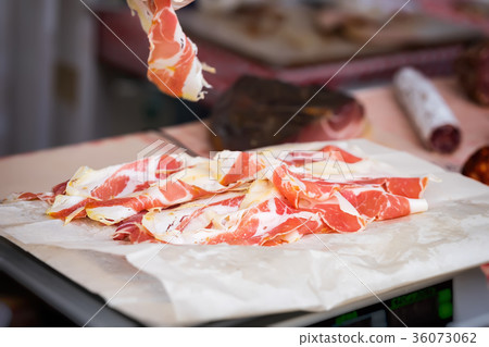 Close-up of thin slices of Italian ham, prosciutto Close-up of thin slices of Italian ham, prosciutto 36073062