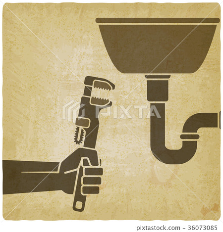 plumber with wrench repairing leaking pipe vintage plumber with wrench repairing leaking pipe vintage 36073085