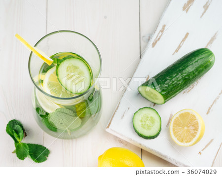 infused detox water with cucumber, lemon and mint 36074029