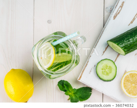 infused detox water with cucumber, lemon and mint 36074032